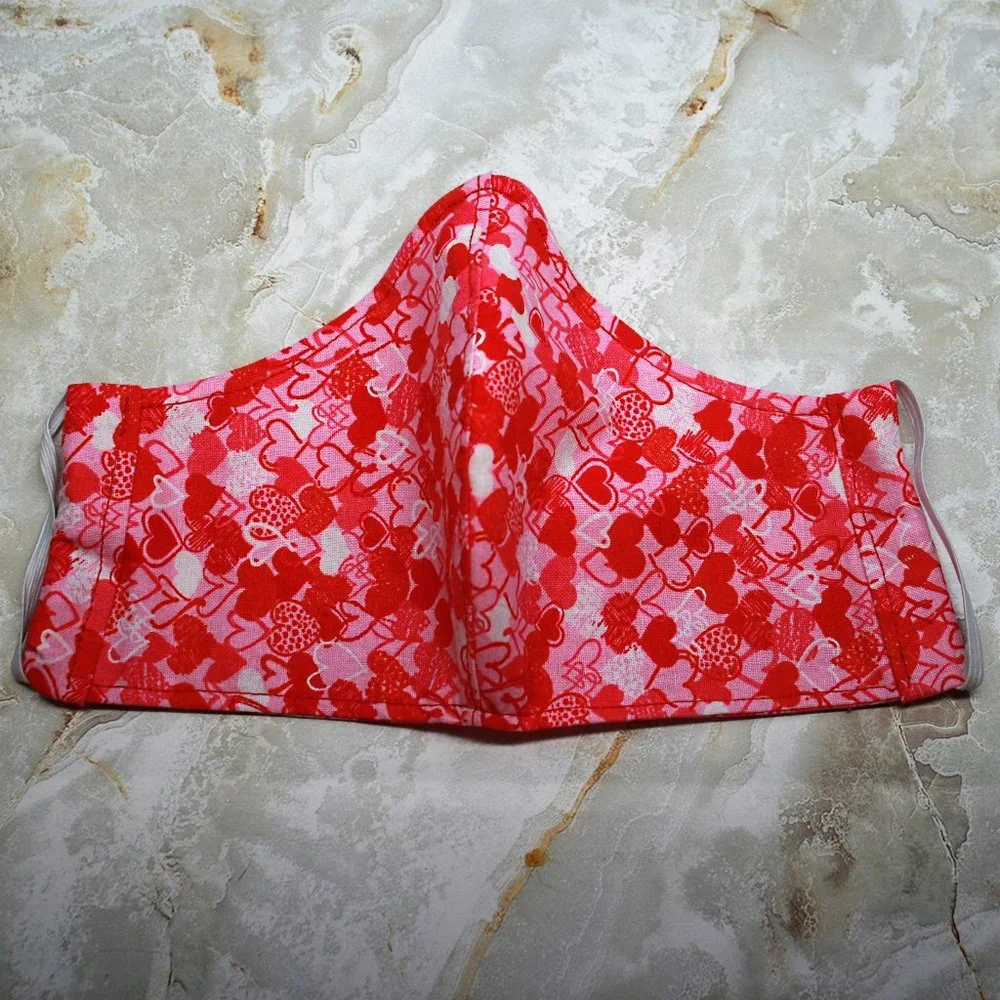HAND CRAFTED Face Mask Hearts Pink Adult Cloth Fabric Print - Shield Style